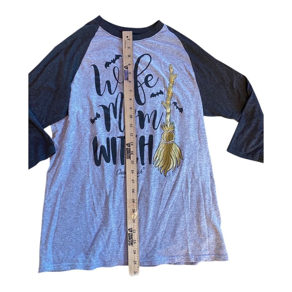 Country Chick Wife Mom Witch Raglan Shirt Womens Medium Gray Gold Broom Graphic - Picture 5 of 8